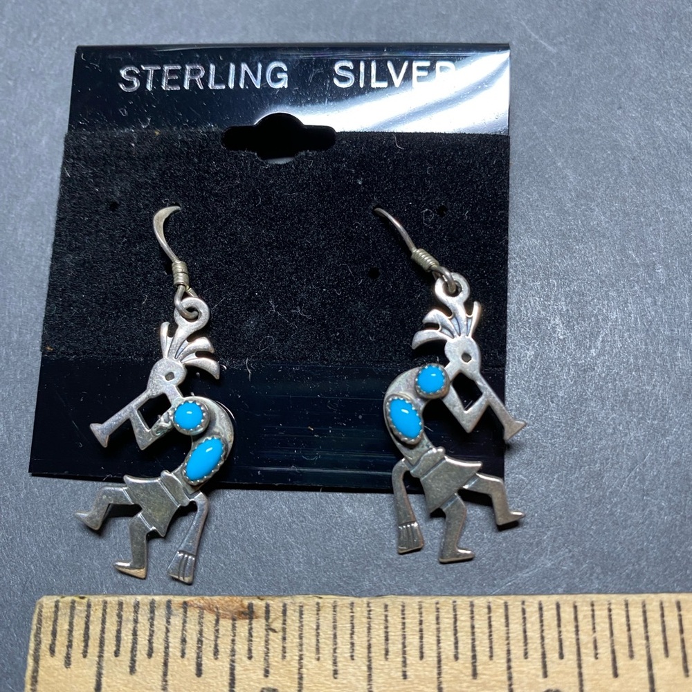 Southwest kokopelli flute player sterling silver blue turquoise earrings - Picture 2 of 4